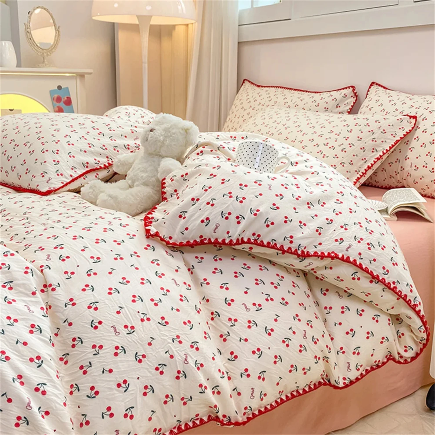 Ins Red Cherry Bedding Set Twin Full Queen Size Bed Linen Girls Adults Bed Flat Sheet Pillowcase Comforter Duvet Cover