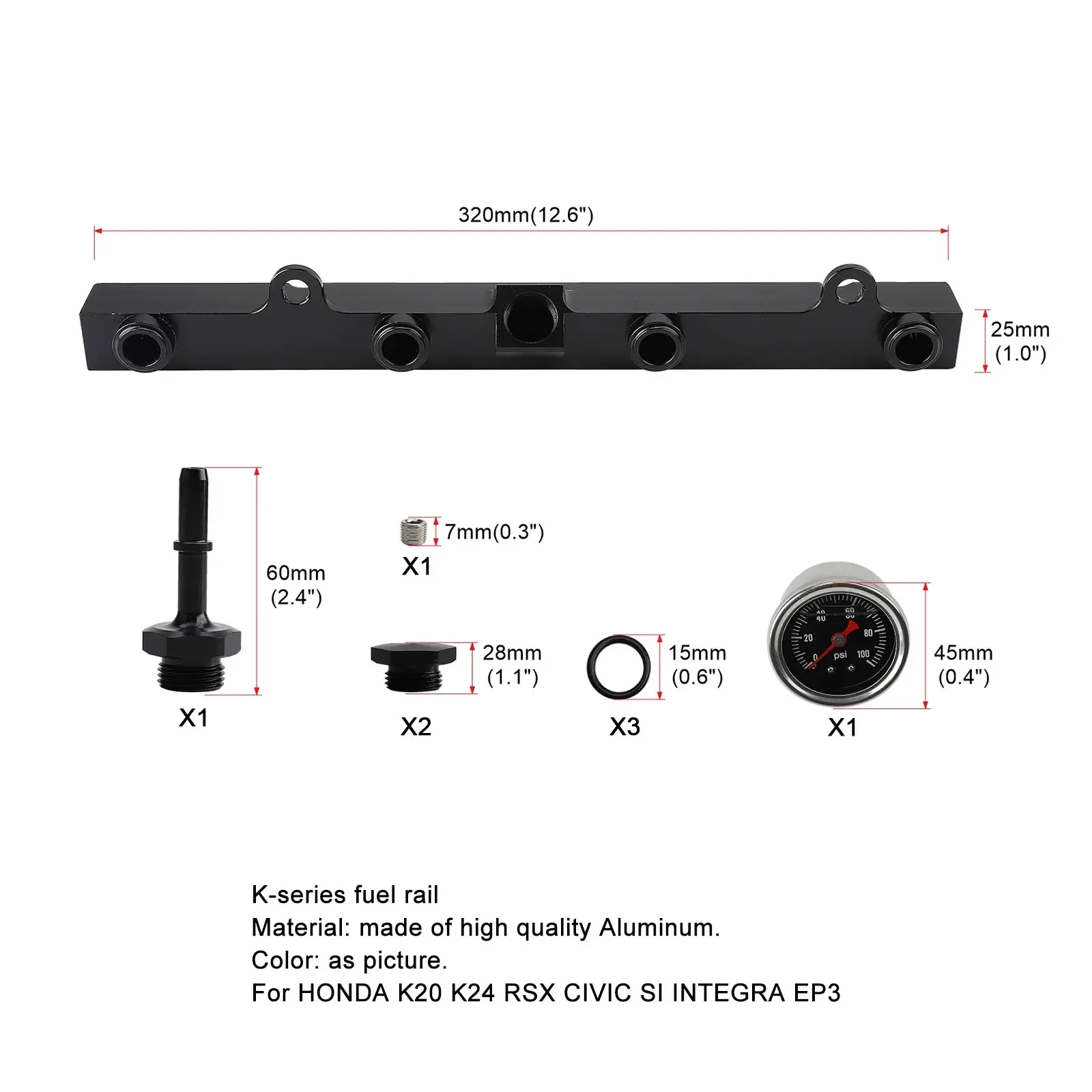 FOR HONDA K20 K20a K24 K24a RSX CIVIC SI INTEGRA EP3 with Gauge Black Aluminum Fuel Pressure Regulator Gauge Fuel Rail Kit Fit