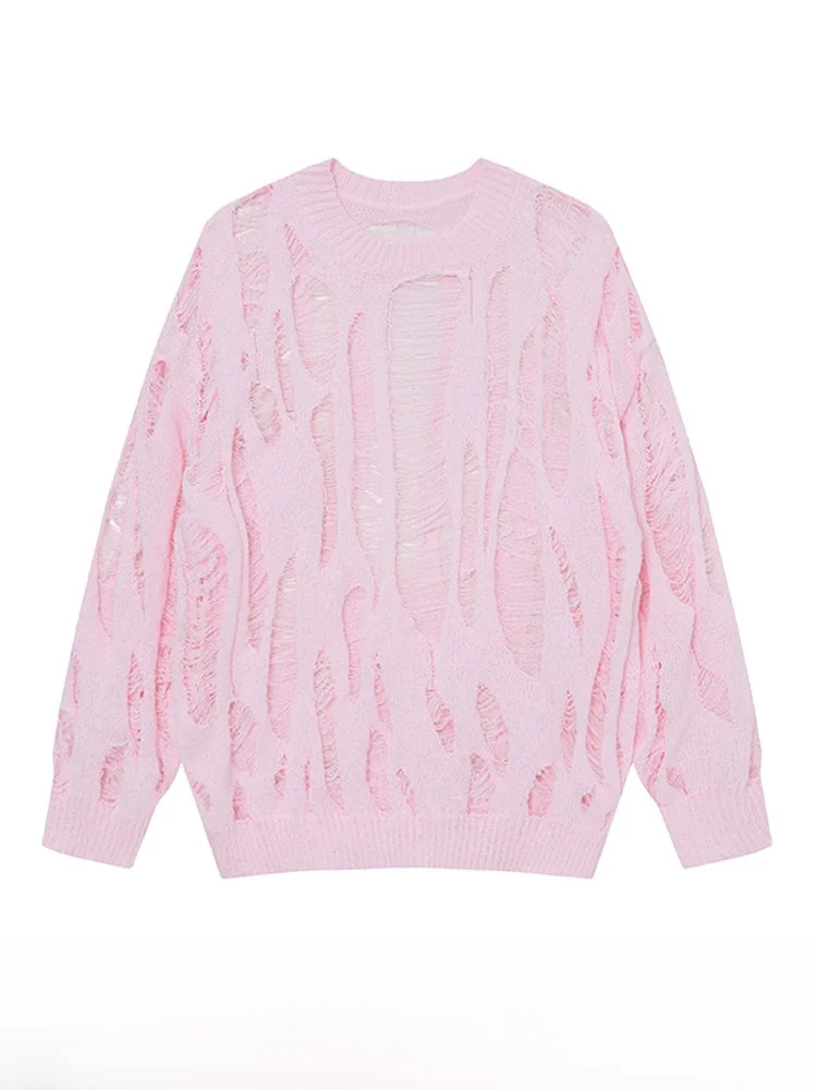 GPstudio American Style Trendy Men's Knitted Sweater Autumn Winter Loose Design Hollow out Long Sleeve round Neck Soft Fabric