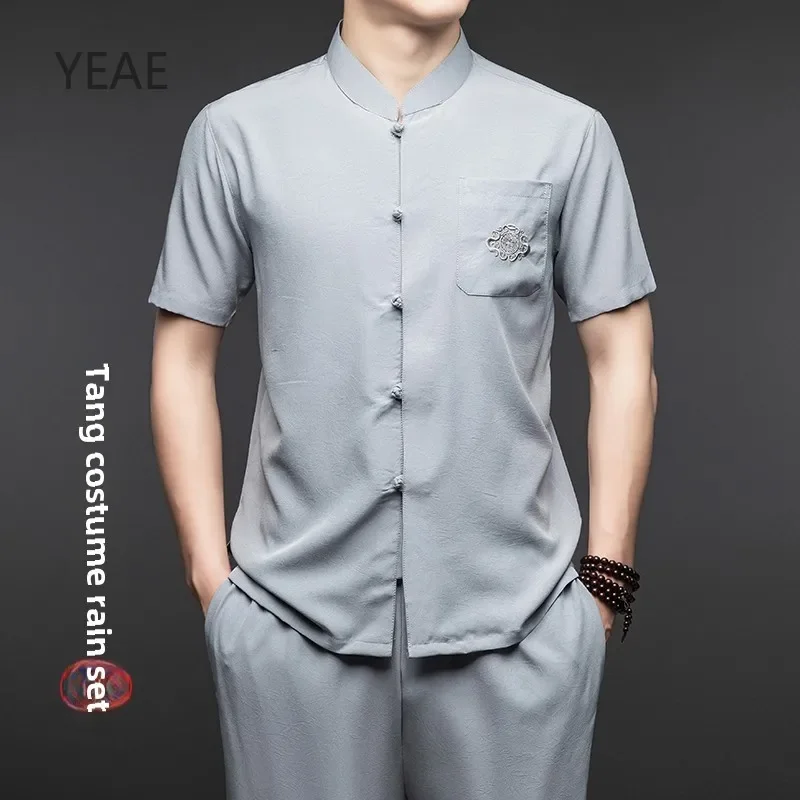 

Tang Suit Embroidery Button Mens 2 Piece Outfit Set Summer 2025 Designer Clothes High Quality Simple Stand Collar T-shirt