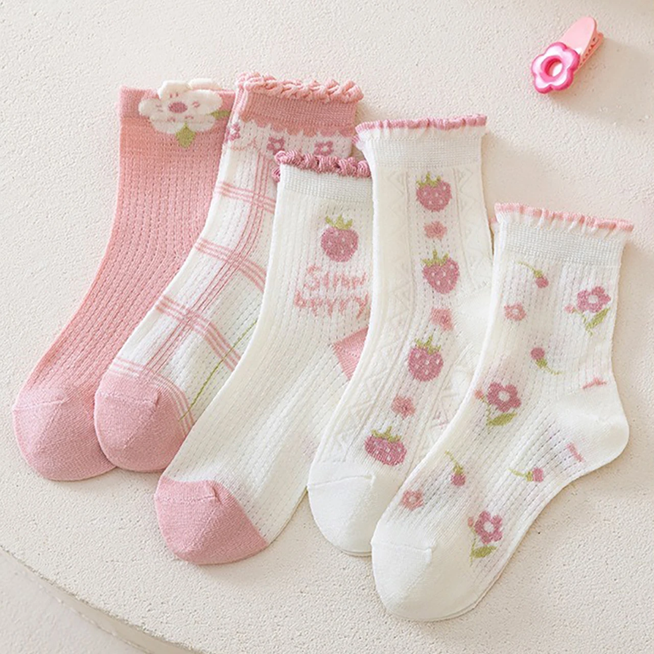5Pairs Pink Flower Girl Cotton Socks Mesh Breathable Kids Mid-calf Sock Red Strawberry Lace Ruffle Socks Children Footwear 2-12Y