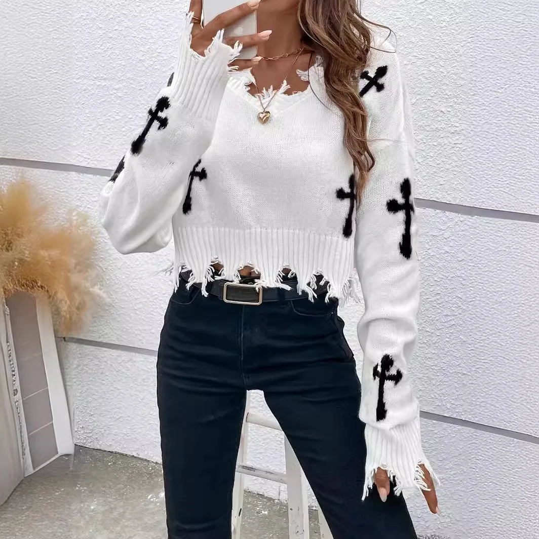 

New Womens Gothic Cross Print V-Neck Distressed Frayed Hem Cropped Knit Sweater Streetwear Pullover