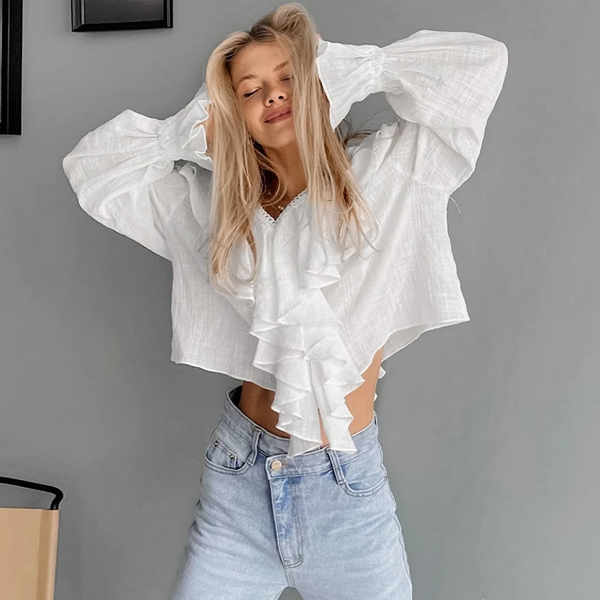 

Linad Elegant Ruffles White V Neck Shirts Female Street Chic Flare Sleeve Woman Blouse Casual Button Up Tops Women 2025 Spring