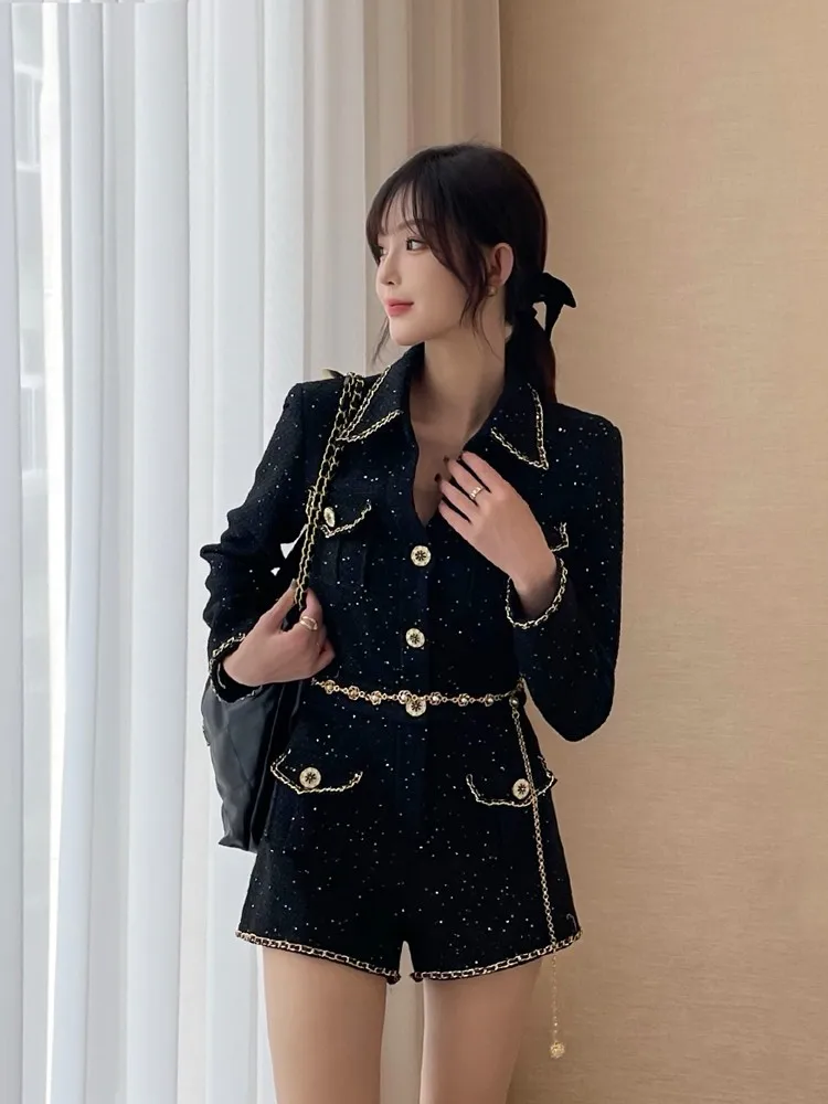 Office Ladies Spring Summer Tweed Rompers Black Short Sleeve Slim Fit Designer Elegant High Waist Shorts Women Vintage Playsuits