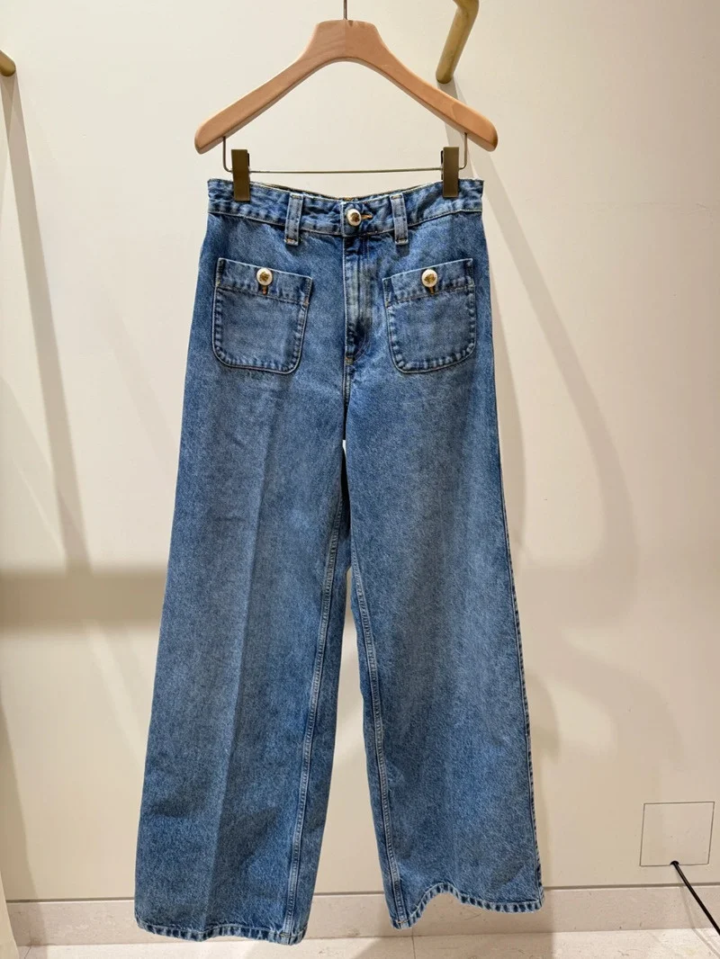 

Blue Waed Straight Leg Jeans with ket Decoration Versatile High Waist Commuter Sle Adult Wear Spring Collection