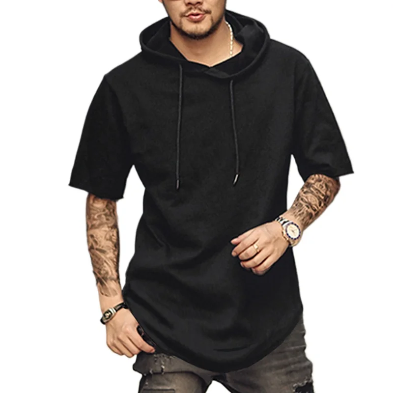 Men's Solid Color Short Sleeved Hoodie T-shirt Loose Hip-hop Curved Hem Side Zipper Casual T-shirt Men's Fashion