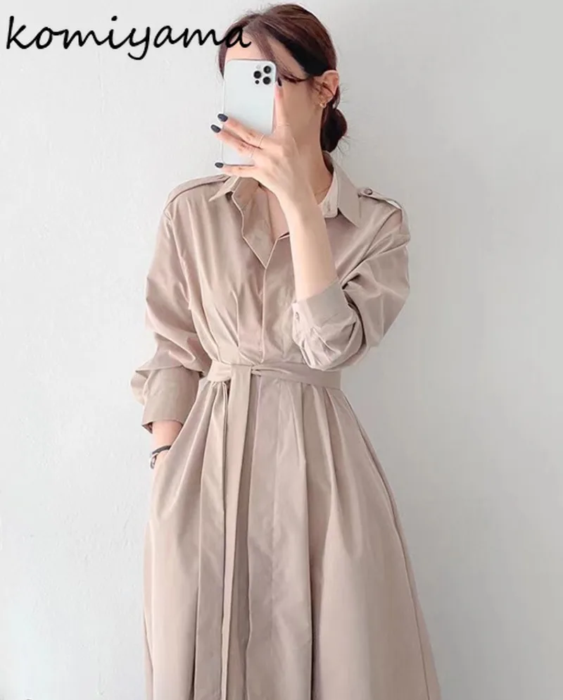 Korean Chic Pleated Vestidos Mujer Lace-up Tunic Women Dresses Long Sleeve Dress Elegant Laple Neck Vestido 2025 New Robes