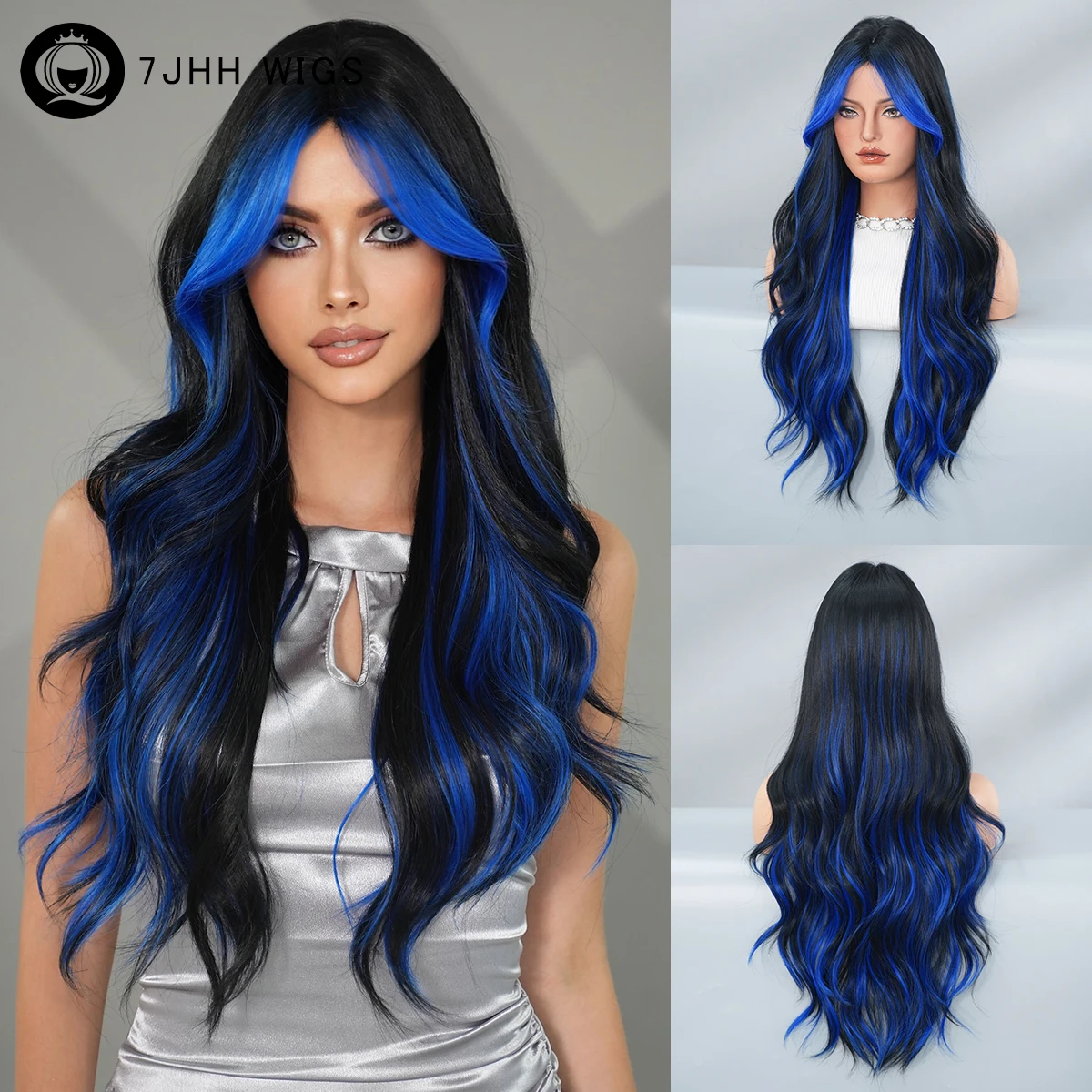 Long Body Wave Black Highlight Blue Wig for Women High Density Synthetic Modest Fashion Middle Part Wigs with Curtain Bangs