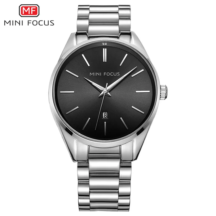 MINI FOCUS 0050 Relógio de quartzo calendário minimalista prata simples relógios de negócios relógio de pulseira de aço de luxo para homens