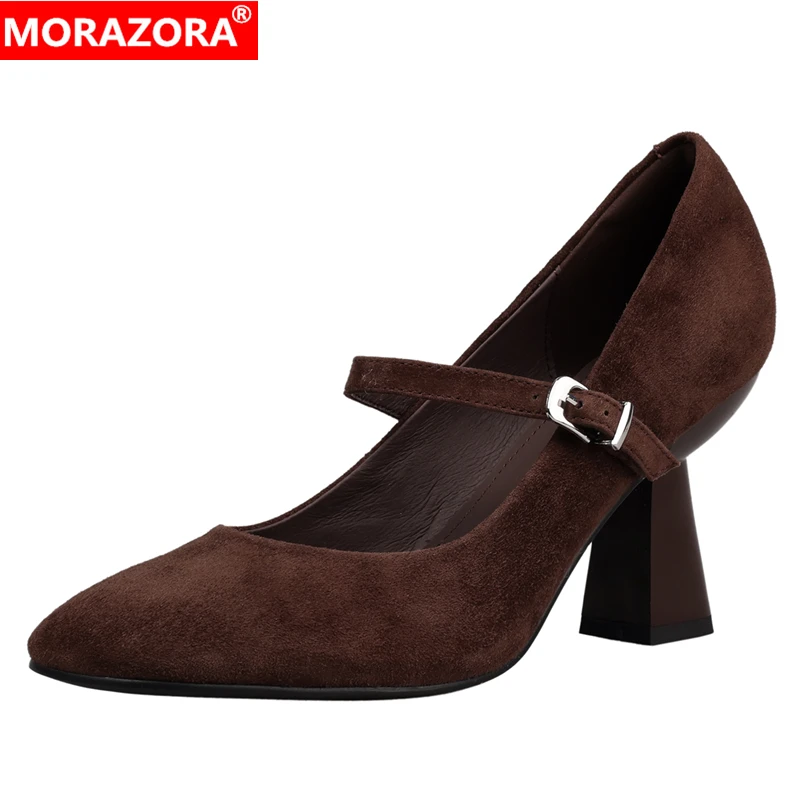 

MORAZORA/2026, новые замшевые женские туфли-лодочки Мэри Джейн, туфли ручной работы на высоком каблуке, женские вечерние модельные туфли в стиле ретро