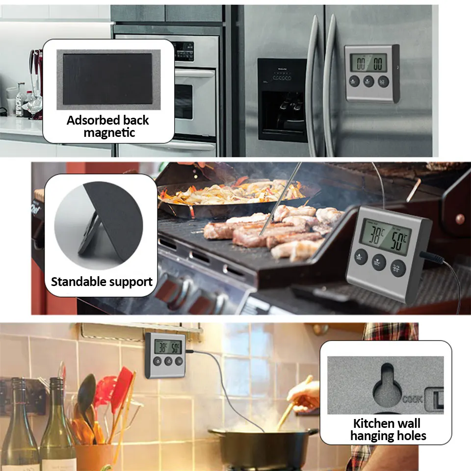 Kitchen Digital Cooking Thermometer BBQ Oven Meat Grill Timer Function Heat Meter Home Baking Household Cooking Temp Gauge Probe