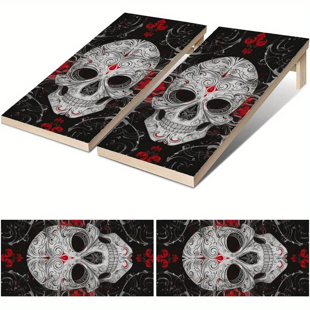 

Skull Flower Painting Waterproof Cornhole Board Vinyl Wraps, PVC Outdoor Game Board Design, Perfect for Sports & Leisure Activit