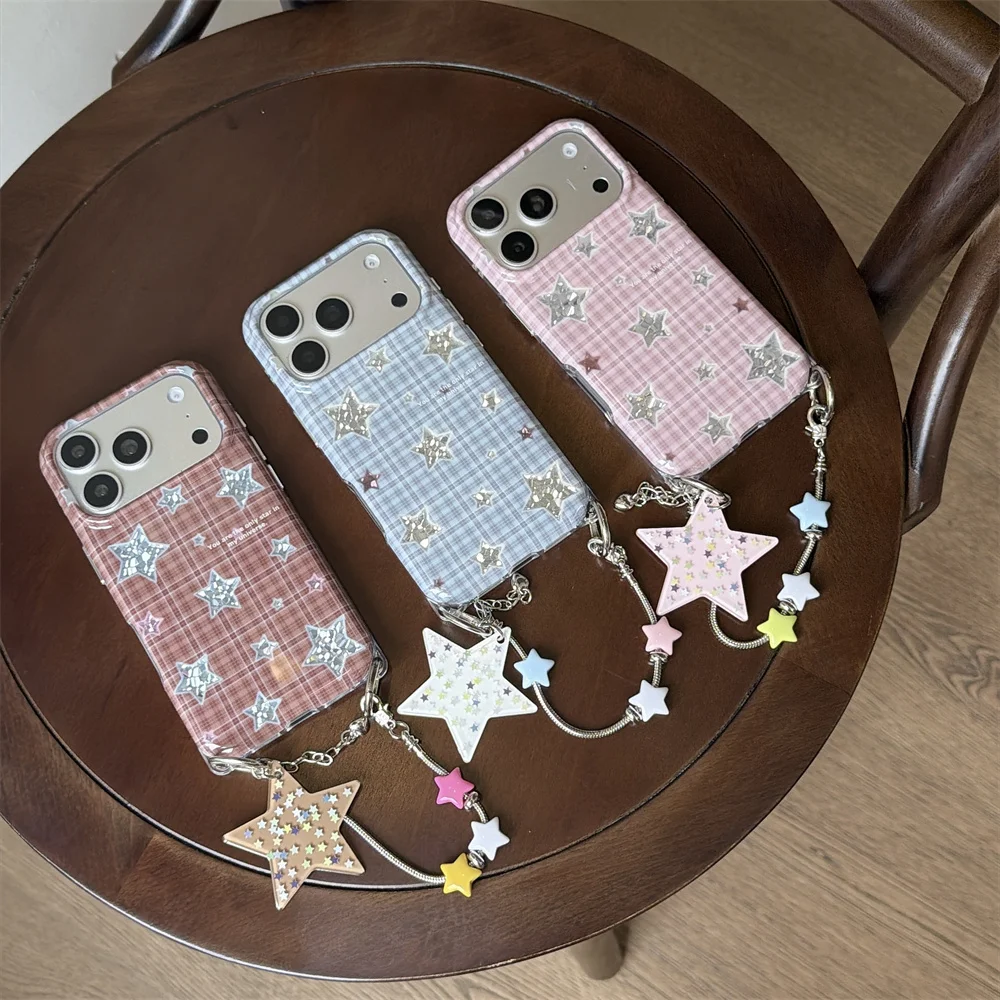 Kawaii Plaid Glitter Star Phone Case For iPhone 15 16 17 18 Pro Max Colorful Star Beaded Chain Shockproof Protective Cover Girls