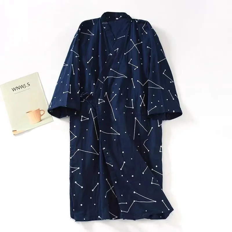 2024 New Japanese kimono Gauze Bathrobe Men's Pure Cotton Four Seasons Thin Pajamas Side lace Up Sauna Sweat Steamed Suit Large