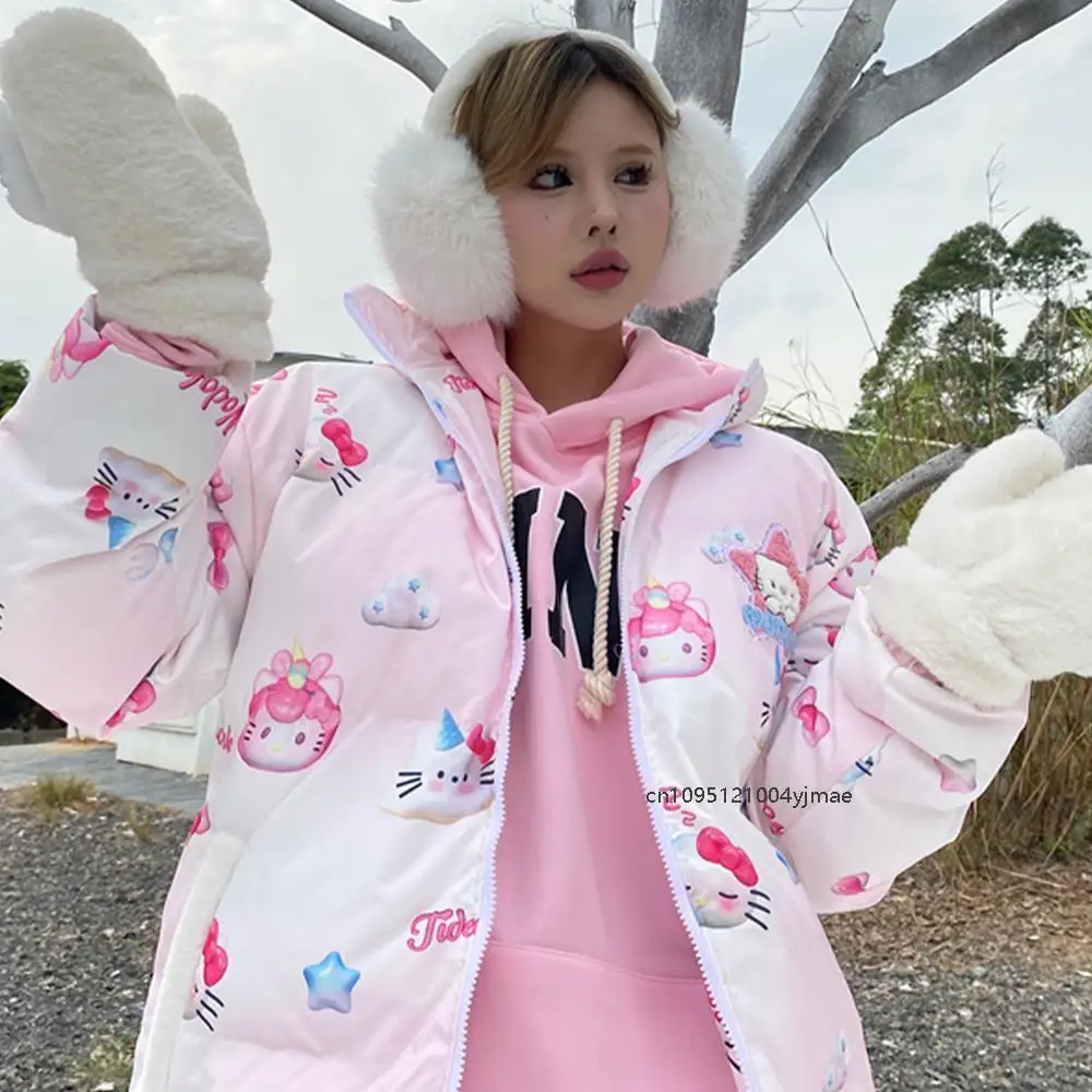 Hello Kitty Cute Full Print Cotton Coat Sanrio Winter New Korean Version Trendy Thick Warm Jacket for Women Loose Casual Clothes