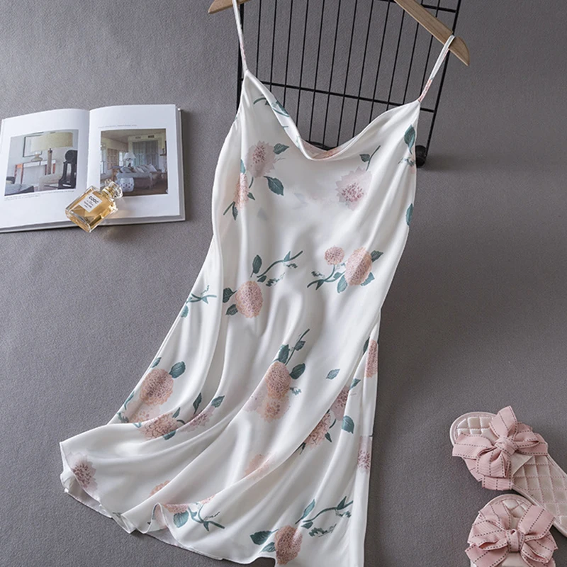 Summer Female Chemise Nightgown Sleepwear Print Flower Nightie Nightwear Sexy Strap Swing Collar Mini Nightdress Satin Home Wear