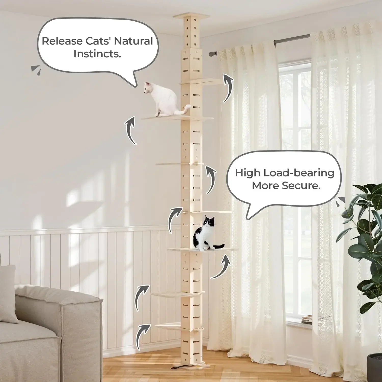 Tall Cat Tree Floor to Ceiling Cat Tower with Adjustable Height Cat Climbing Activity Tree with Platform, Natural