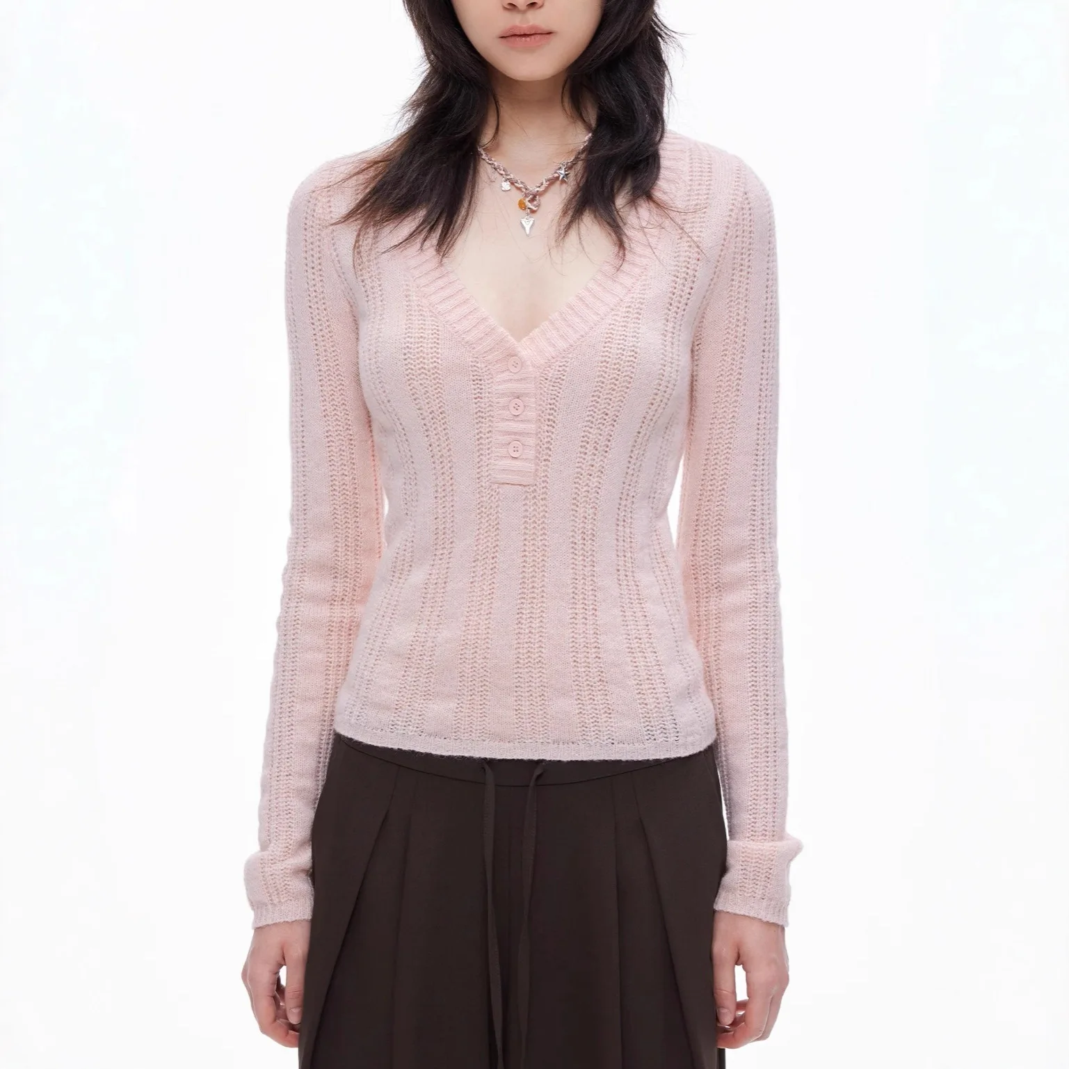 

Knitting Base Layer Women's Pink V-Neck Knitted Top 2026 Striped Ribbed Hollow Out Wool Sweater