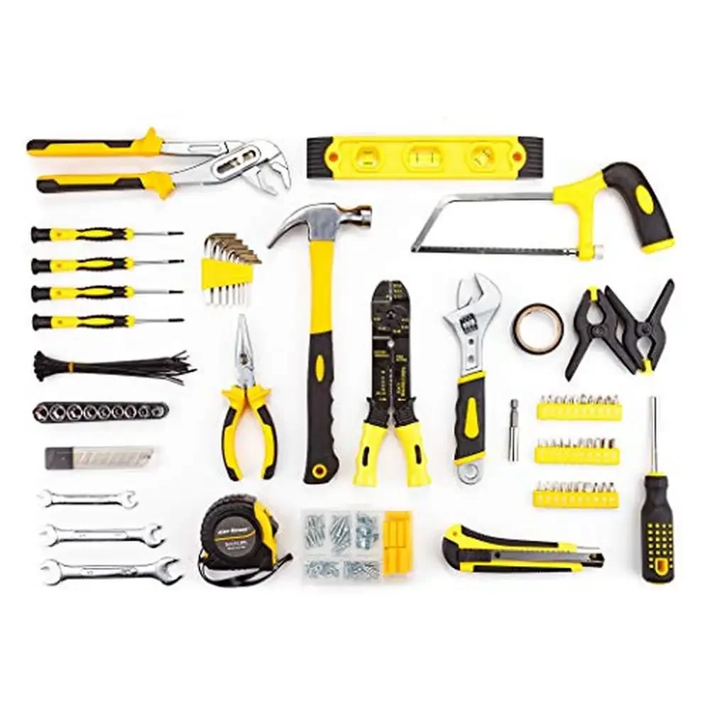 218-Piece General Household Hand Tool Set in Yellow Plastic Toolbox Storage Case