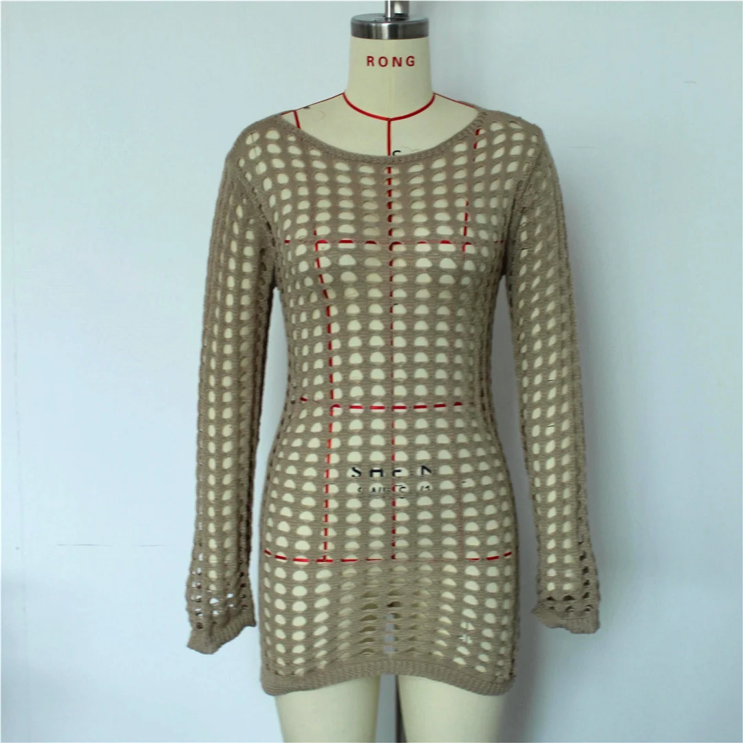 Langarm-Tunika mit Aushöhlungen, einfarbig, gehäkelt, gestrickt, Strandkleid, Strandmode, Damen V8510 – Detail 11