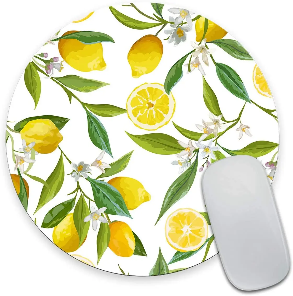 Watercolor Lemon Painting Art Round Mouse Pad Lemon Fruits with Flowers and Leaves Pattern Circular Mouse Pads