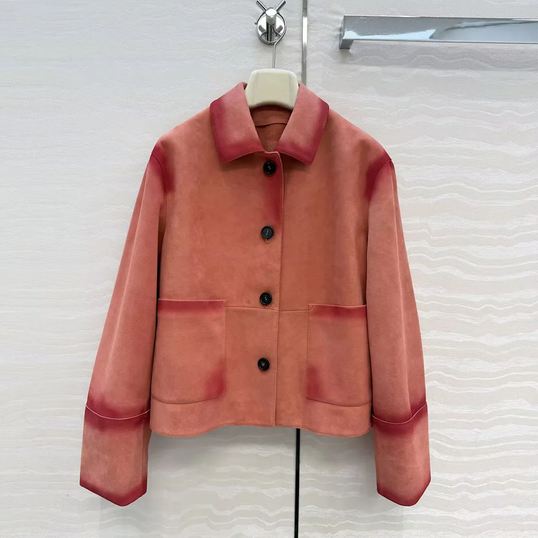 

Роскошная высококачественная женская куртка из 100% овечьей замши с градиентным эффектом, с отложным воротником, длинными рукавами, однобортная, с карманами, из натуральной кожи