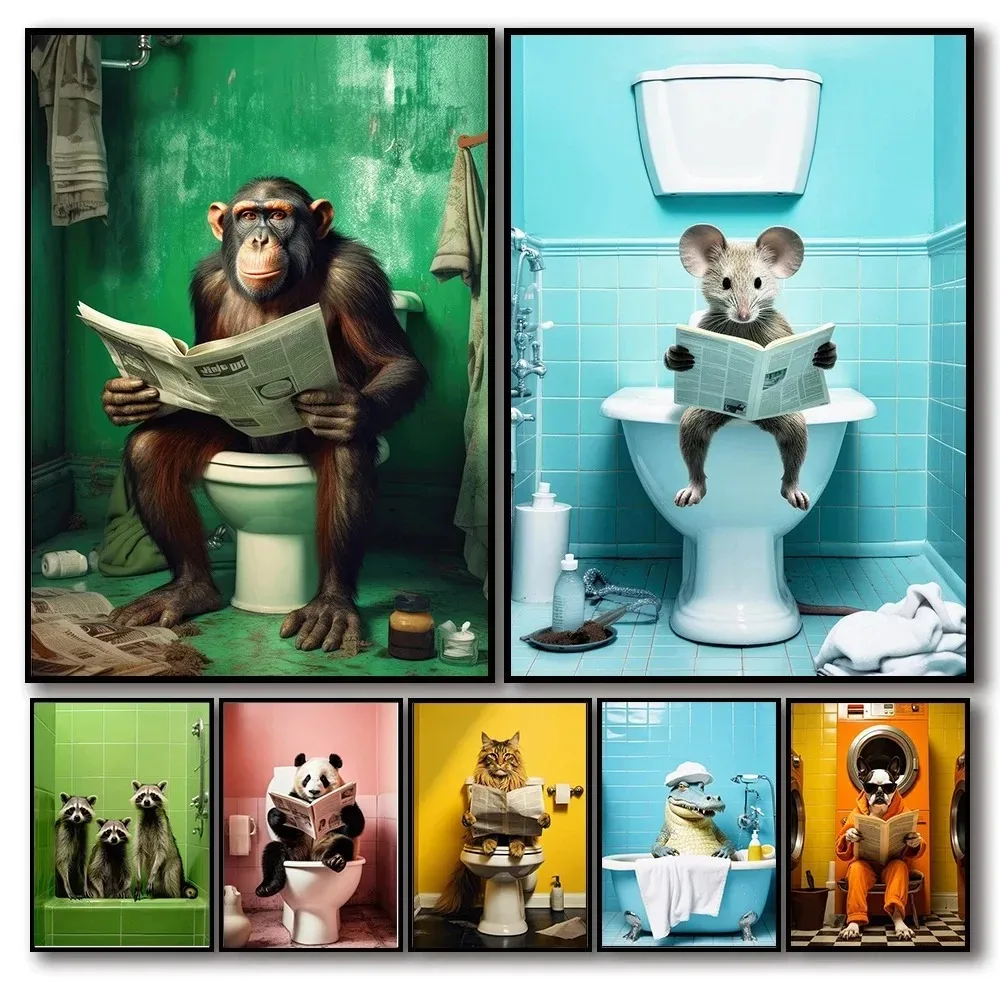 Chimpanzee Cat Elephant Bathroom Toilet Poster Animal Humor Nordic Prints Wall Art Home Decoration Cafe Posters Canvas Painting