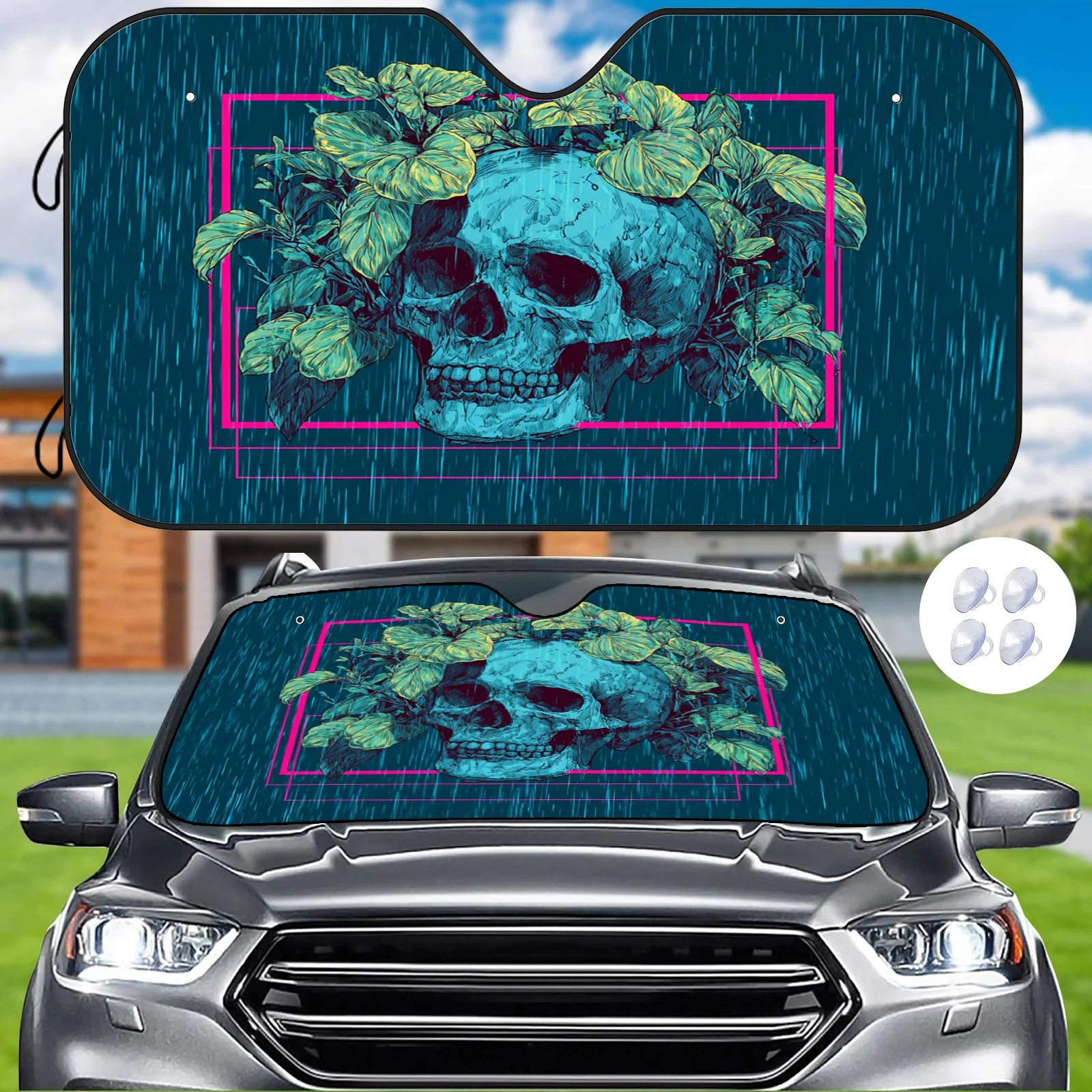 Green Plant Skull Trend Car Sunshade, Blue Background With Pink Frame Featuring Rainforest Elements, Heat Insulation And Light B
