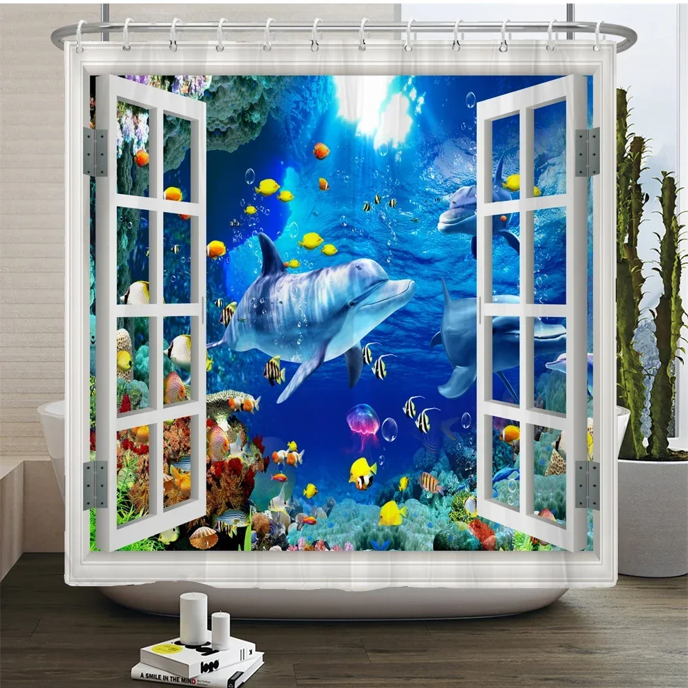 3d Bathroom Curtains Ocean Fish Jellyfish Shell Starfish Dolphin Anchor Shower Curtain Waterproof Fabric Cartoon Boy Bath Screen