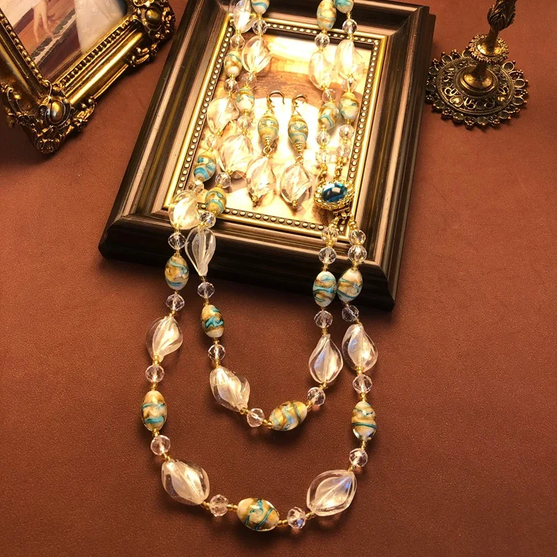vintage Colorful glass mixed temperament, fashionable mid-length double-layered design necklace earrings