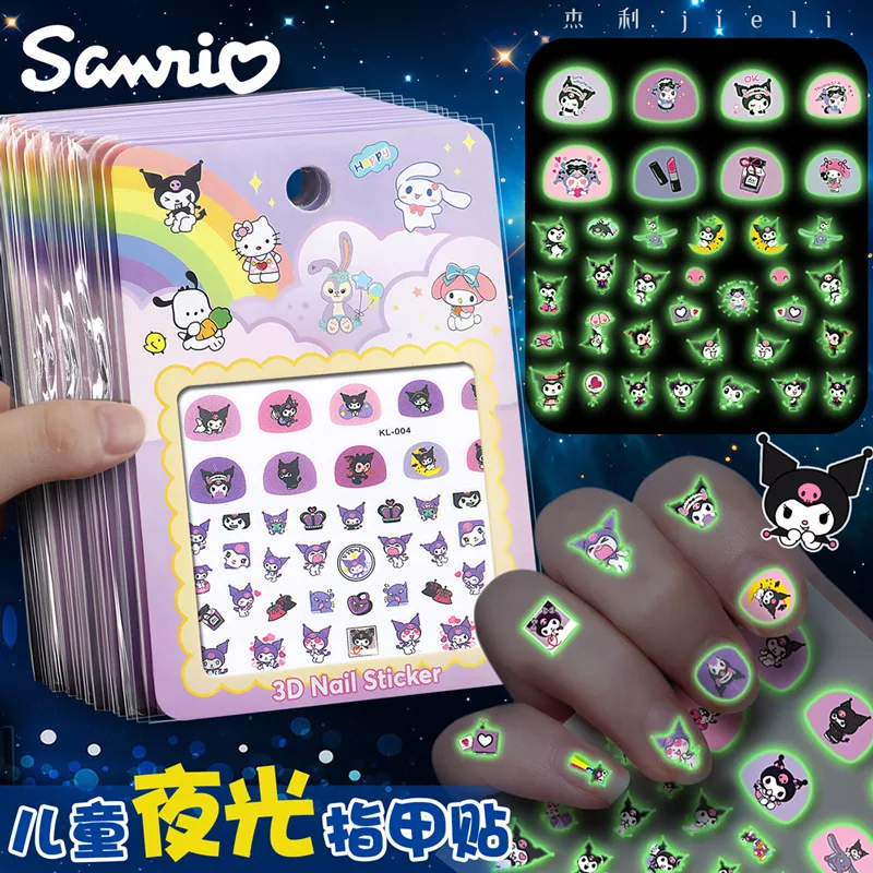 5pcs/set Children Cartoon Luminous Nail Stickers Sanrio Hello Kitty Melody Kuromi Glow In The Dark Adhesive Slider Manicure Deca