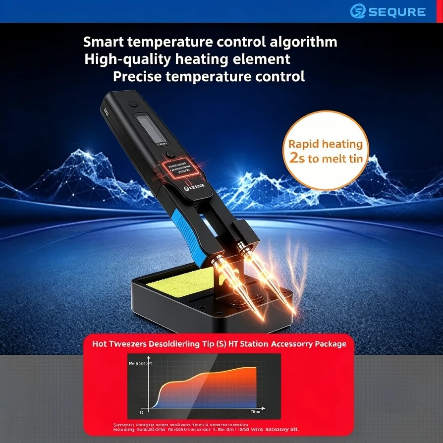SEQURE HT140 Hot Tweezers Electric Heated Soldering Tweezers 2-IN-1 Replaceable Tips SMD PCB Welding Desoldering Repair Tools