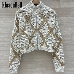 9.25 KlasonBell Women Clothes Contrast Color Argyle Plaid Loose Cardigan Crochet Hollow Out Wool Knit Zipper Short Coat