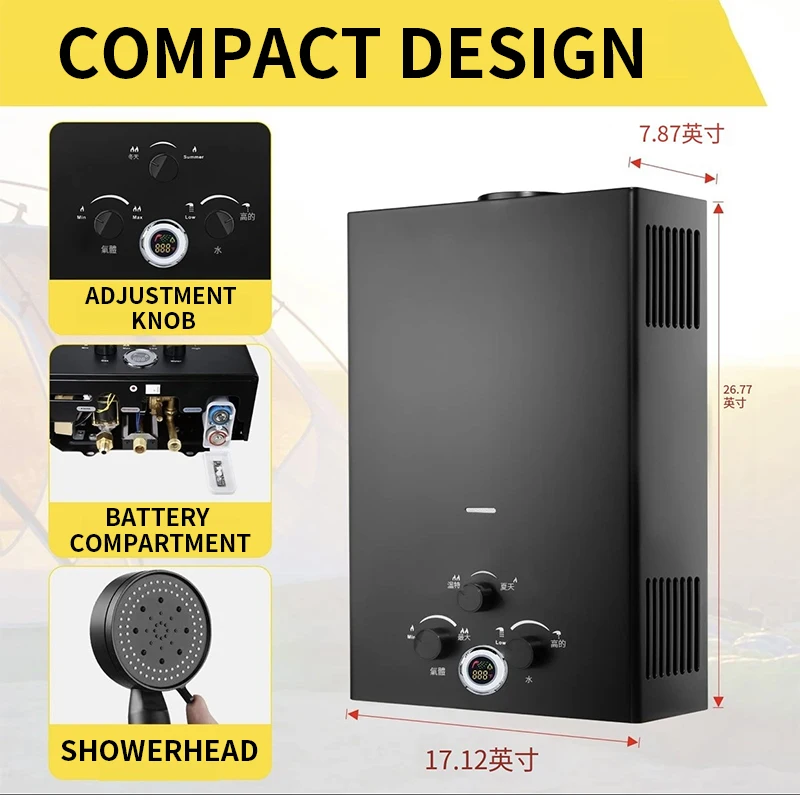 

Проточный газовый водонагреватель 16/18/20 л с ЖК-дисплеем, портативный, идеально подходит для кемпинга и использования в автодомах