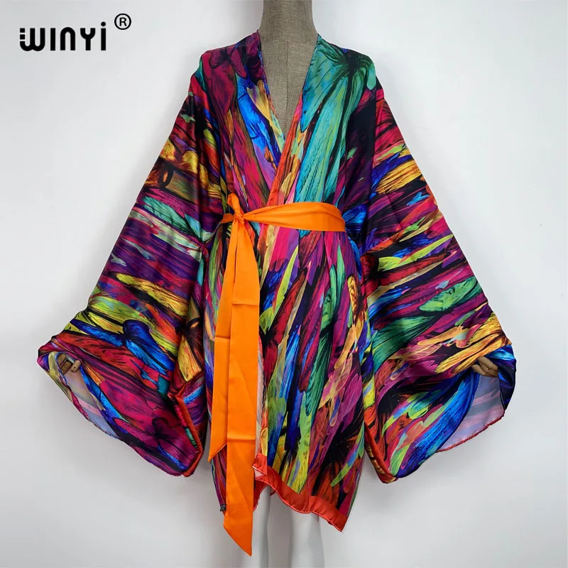 WINYI eleganckie Bikini na plażę słodka dama Boho kolor wydruku z wszytym paskiem przód otwarty długi Kimono tunika plażowa kobiety sukienki typu Wrap kaftan