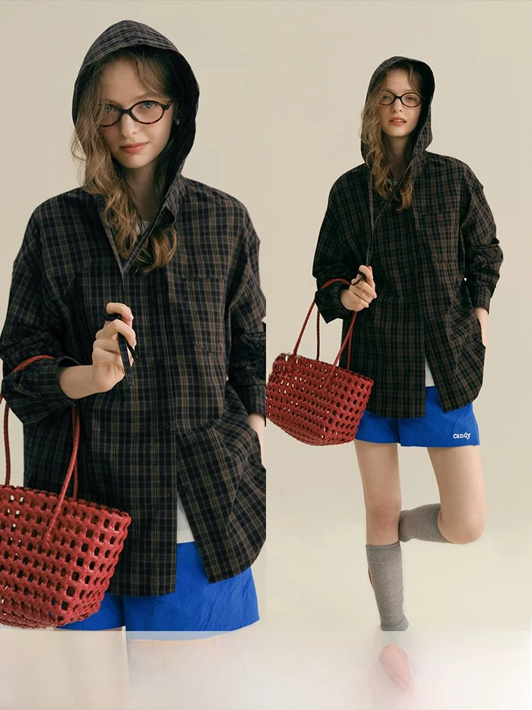 

Rina Berry Casual Lightweight Hooded Plaid Cotton irt Jaet Simple Design Spring Commute Sle Loose Fit Long Sve