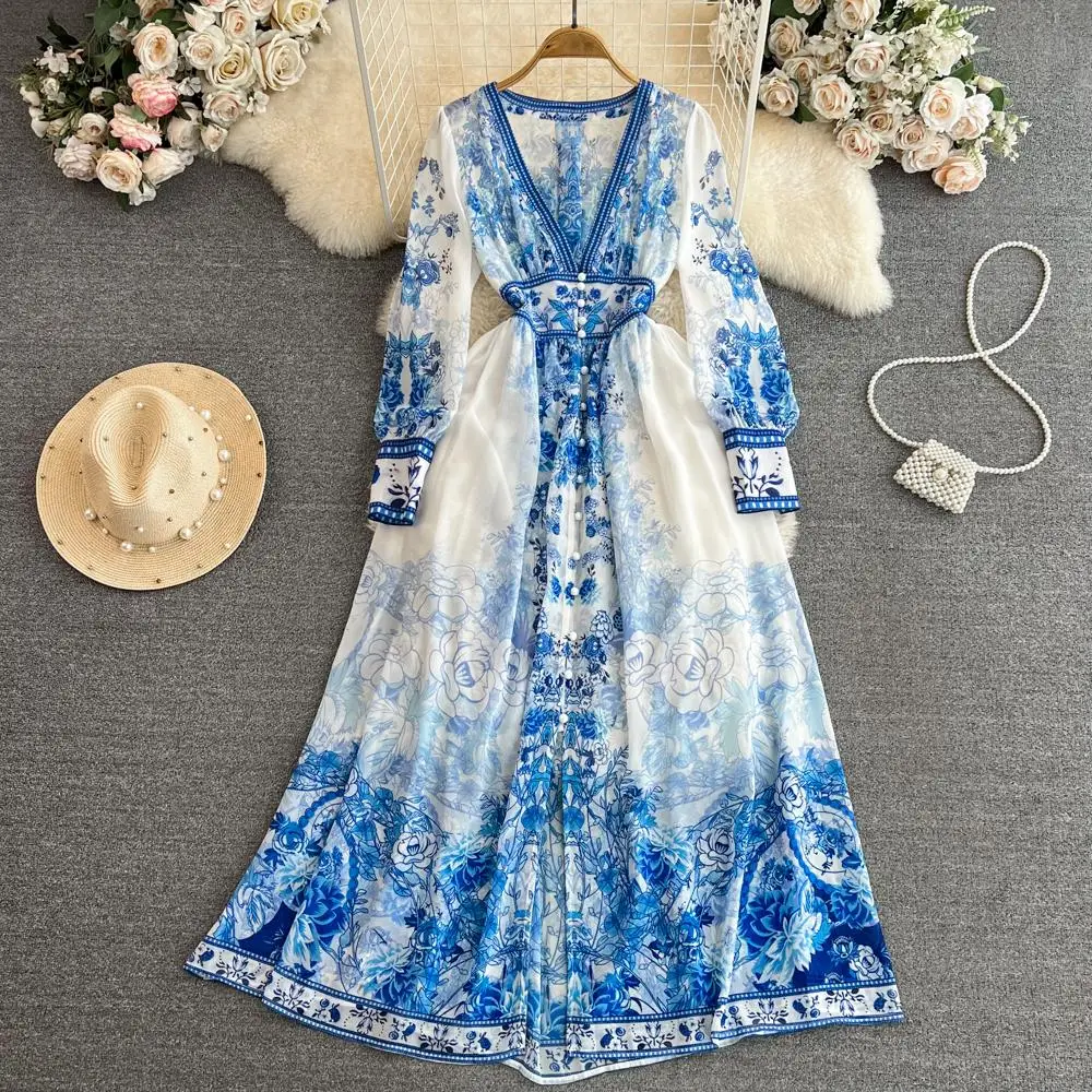 

Early Spring Vacation Long Dress Women Runway V-neck Blue Flower Printed Lantern Sleeve High Waist Holiday Boho Vestidos 2358