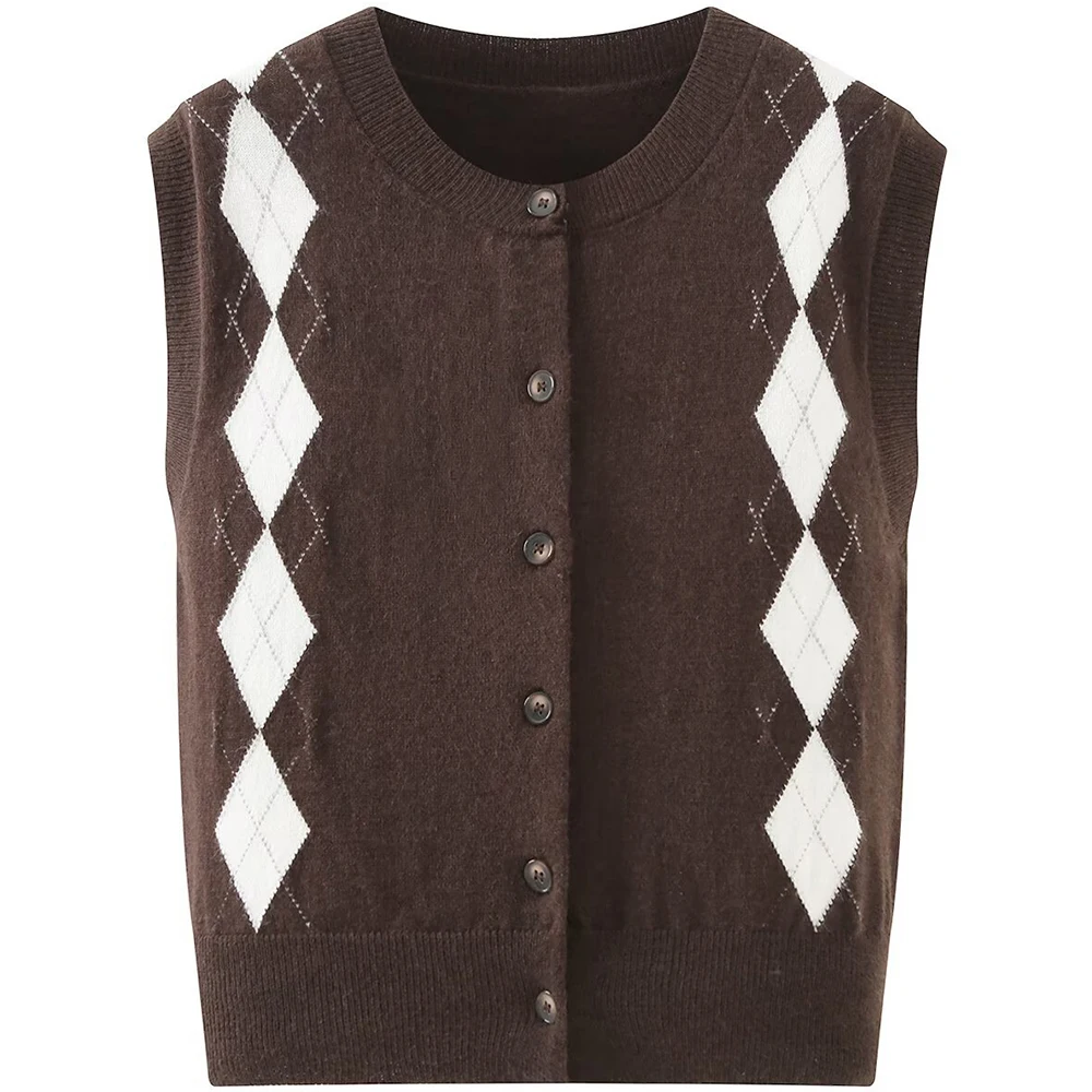 

Women's Long Sleeve Knitted Sweater Diamond Pattern Lazy Style Vest Tank Top New Arrival Autumn Fashion Casual Comfortable