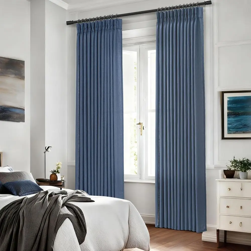 Rideaux en lin plissés bleu marine, longueur 84, ensemble de 2 panneaux pour le salon, filtrage de la lumière, semi-transparent, avec crochets, adaptés