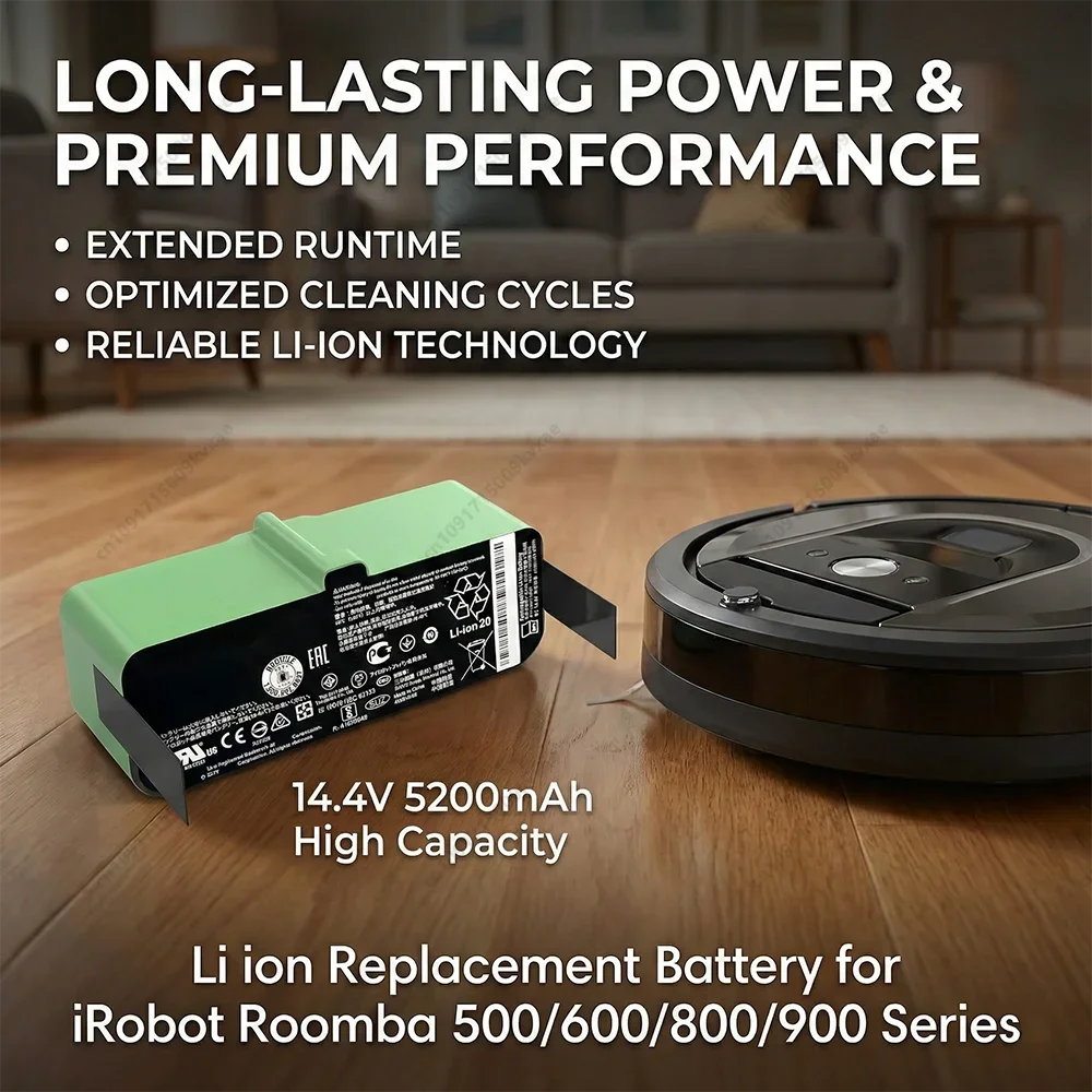 

14.4V 5200mAh High Capacity Li-ion Replacement Battery for iRobot Roomba 500 600 800 900 Series Robot Vacuum Long Lasting Power