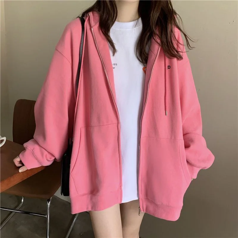 Women Hoodies Hooded Long Sleeve Solid Zipper Cardigan Draw String Outerwear Patchwork Sweatshirts Pockets Thick Winter