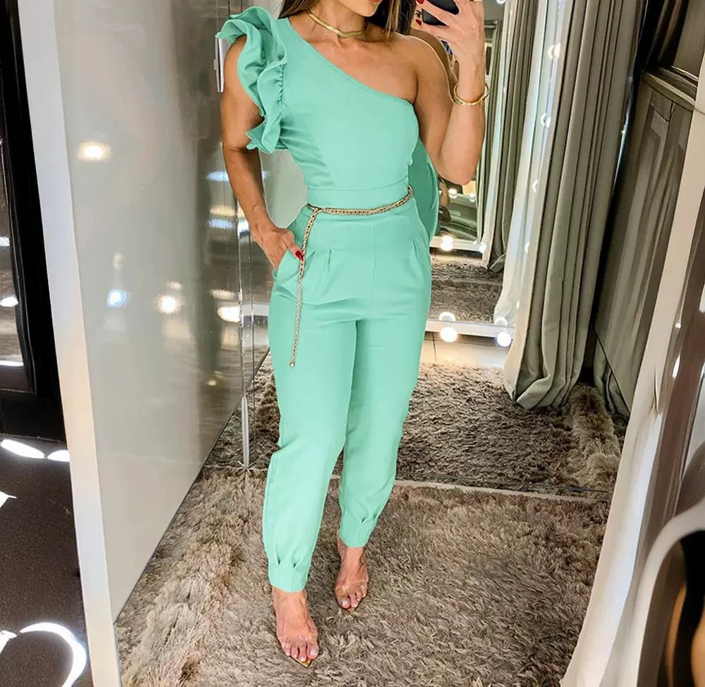 One Shoulder Jump suits for Women 2024 Summer Fashion Ruffles Sleeveless Casual Pocket Design Daily Cuffed Jumpsuit Without Belt