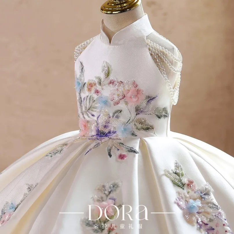 Neues Prinzessinnenkleid für Mädchen, bestickt mit Perlen und Blumen, Kinder-Festkleid aus Satin und Tüll, Hochzeits- und Geburtstagsparty-Kostüm für 2-12 Jahre A5099 – Detail 7