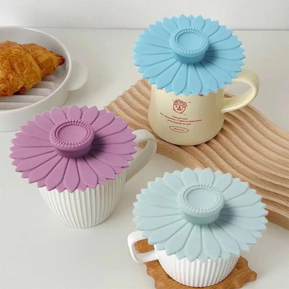 Seamless Sunflower Silicone Cup Lid Cup Accessories with Handle Sealed Cup Cover Dust-proof Leakproof Glass