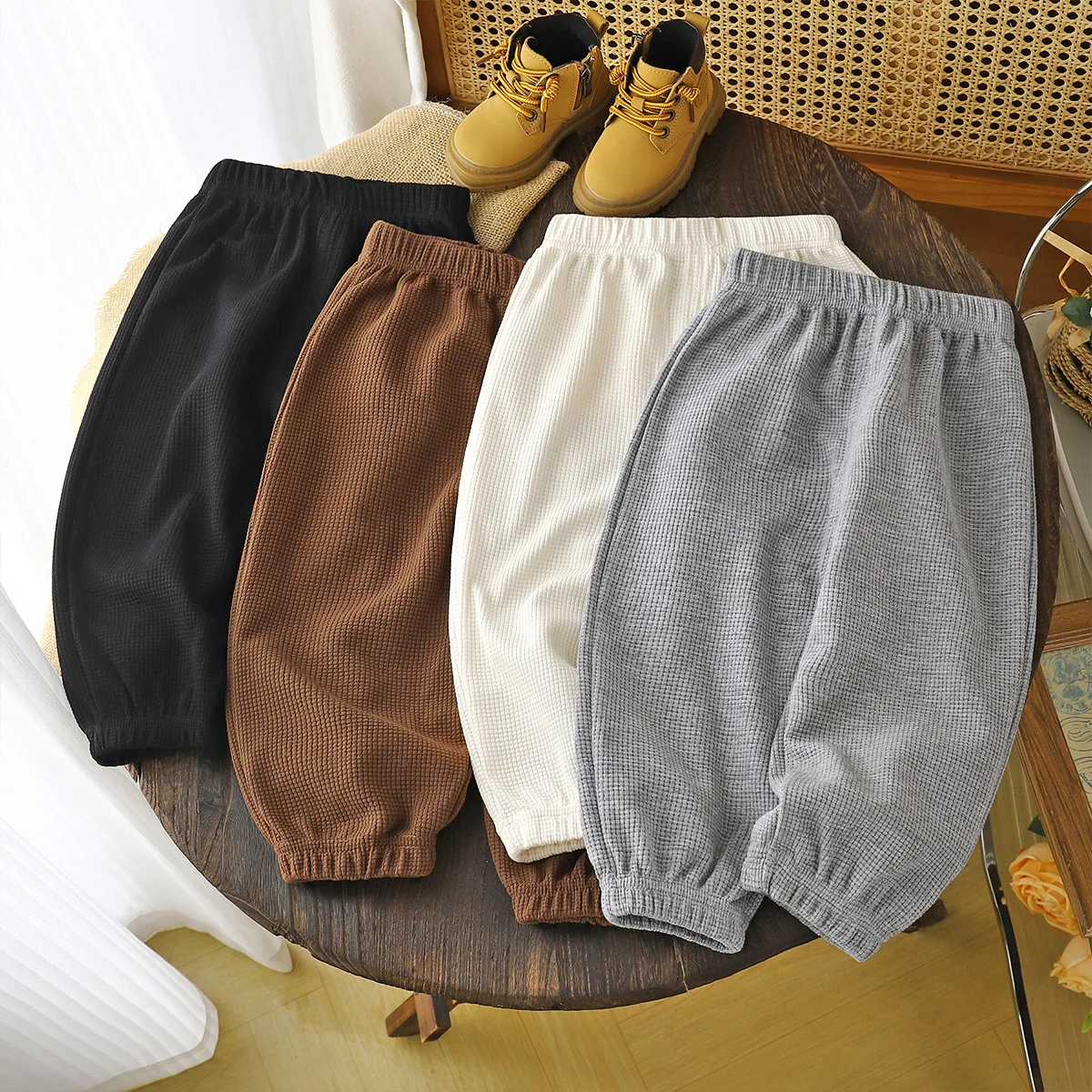 

Korean Children's Clothes 2025 Pants 0-6Y Kids Girl Boy Cotton Waffle Knit Cuffed Jogger Pants Solid Color Loose Active Trousers