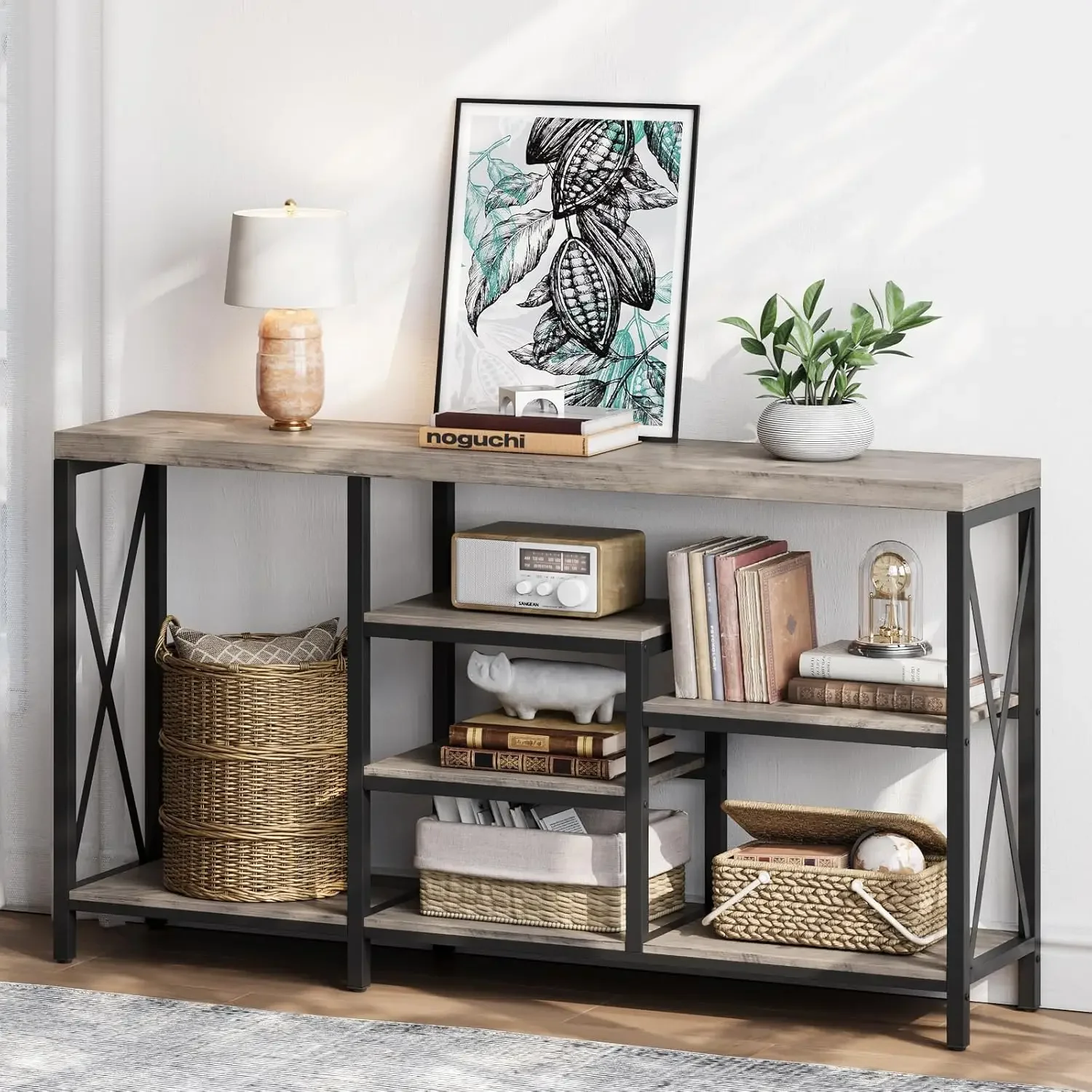 Console Tables for Entryway, 55 Inch Narrow Long Sofa Table, Hallway Table/Bookshelf with Storage Shelves for Living Room, Couch