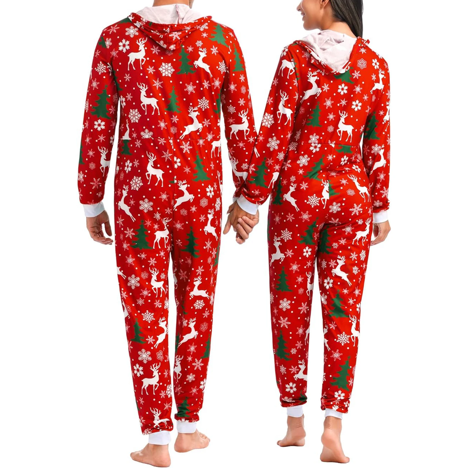 New Couples Christmas Pajama Set Cute Print Hooded Zipper Rompers Loungewear Soft Sleepwear for Women Men Nightwear