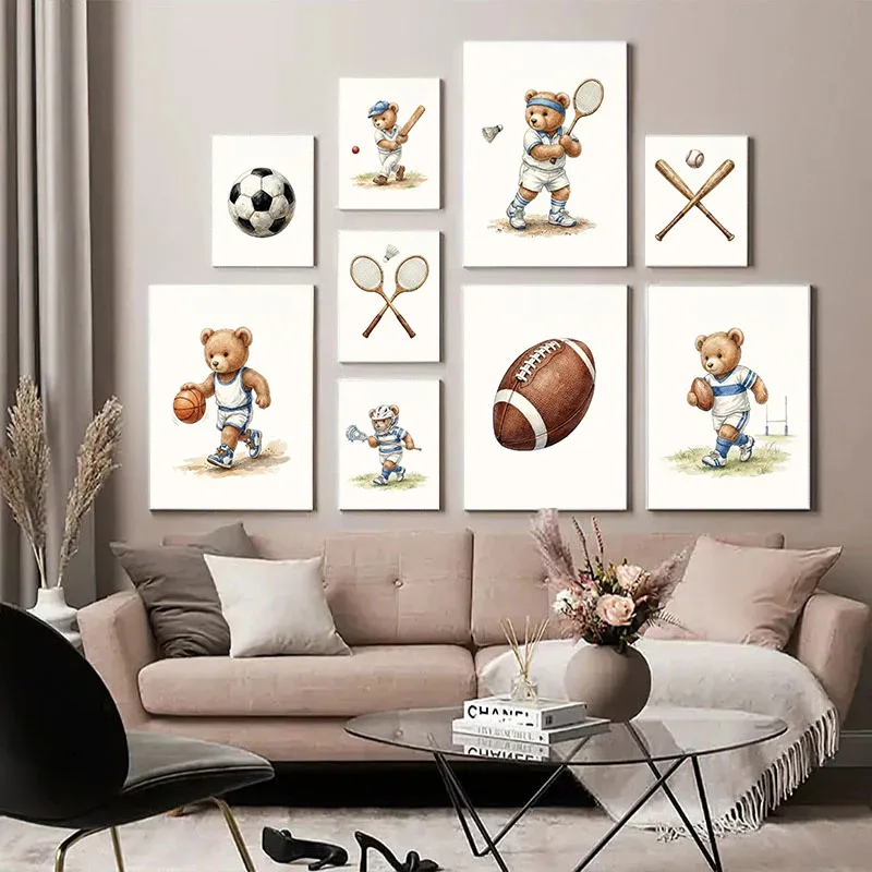 Cute Teddy Bear Sports Nursery Art Prints 8Pcs Football Baseball Basketball Soccer Golf Tennis Hockey Badminton Boys Room Decor