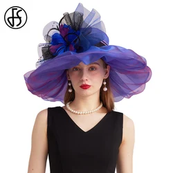 FS 2024 Purple Organza Carnival Cap Kentucky Derby Hats For Women With Mesh Flower Wedding Bride Church ST Patricks Fedoras