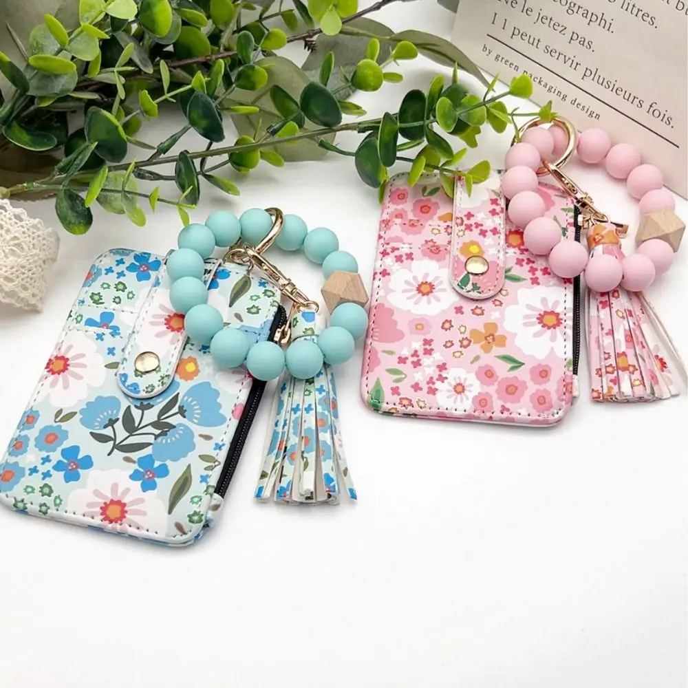 Fragmented Design Silicone Bead Bracelet Keychain Pu Leather Boho Style Wristlet Wallet Keychain Tassel Decoration